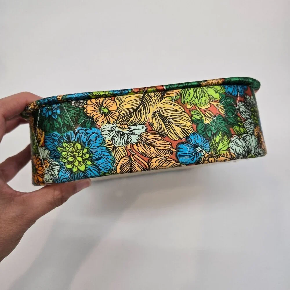 Vintage Quilted Floral Print Fabric Covered Box with Lid Square Rounded Corners